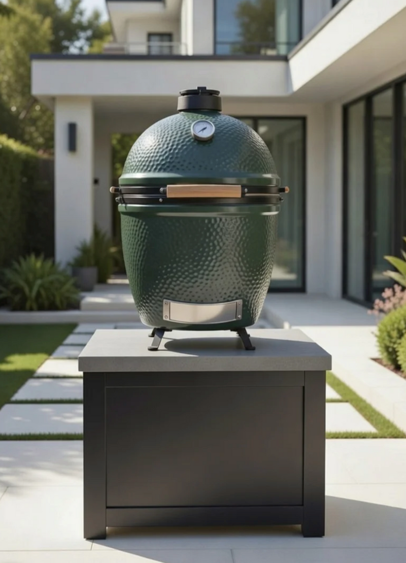 Stoll Aluminum Outdoor Kitchen Black Whistler 34-Inch 4-Burner Gas Grill Sink, and Double Drawer Fridge and Green Egg | 13FT