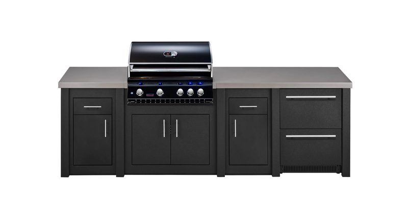 Stoll Aluminum Outdoor Kitchen Black, Whistler 34-Inch 4-Burner Gas Grill, and Double Drawer Fridge | 10FT