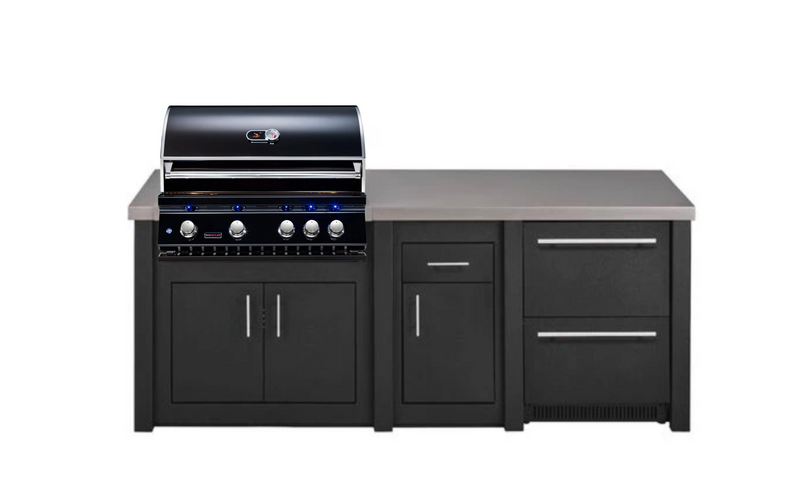Stoll Aluminum Outdoor Kitchen Black, Whistler 34-Inch 4-Burner Gas Grill, and Double Drawer Fridge | 8FT