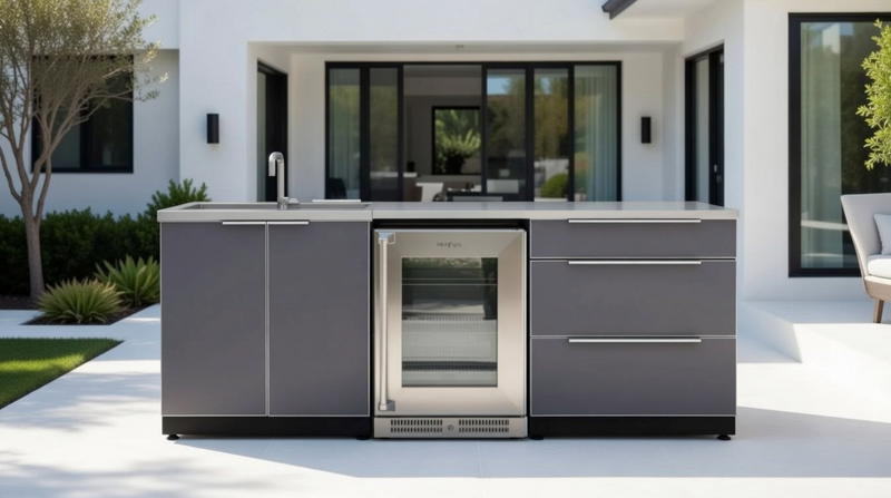 Outdoor Kitchen Aluminum 5 Piece Cabinet Set with 3-Drawer, Sink Cabinet, Countertops and Fridge