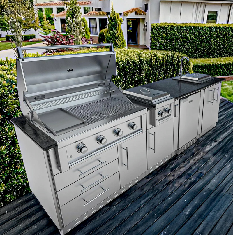 Sunstone Grills Houston 9 1/2 Ft Outdoor Kitchen Island w/ Natural Gas Grill & Side Burner, Sink, Refrigerator, Door & Drawer