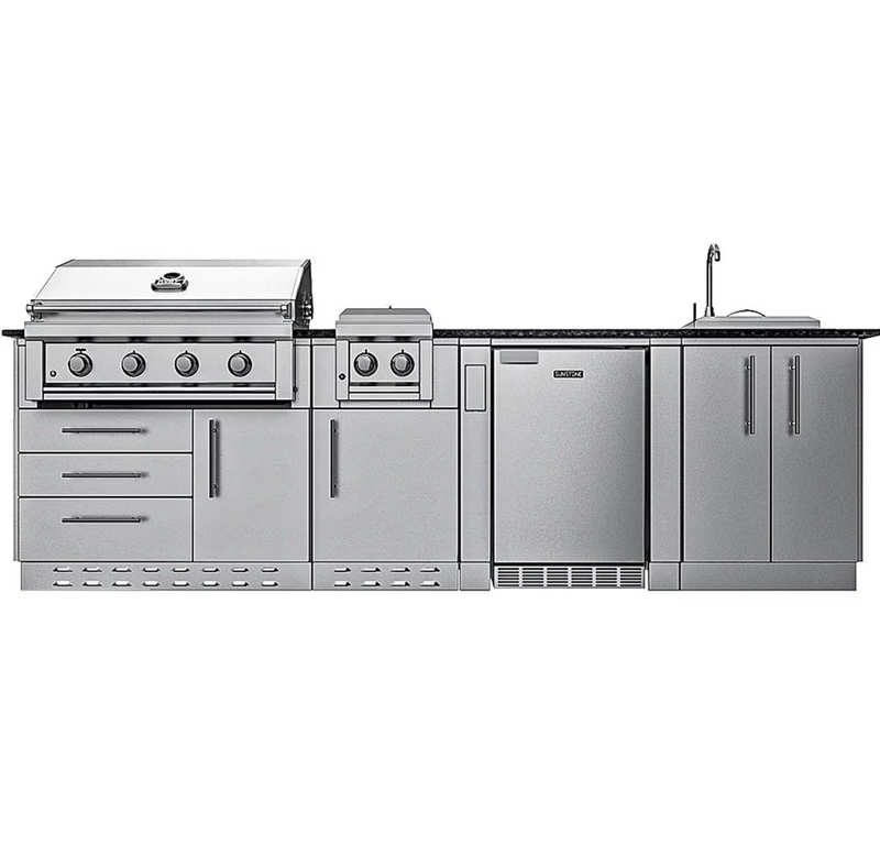 Sunstone Grills Houston 9 1/2 Ft Outdoor Kitchen Island w/ Natural Gas Grill & Side Burner, Sink, Refrigerator, Door & Drawer