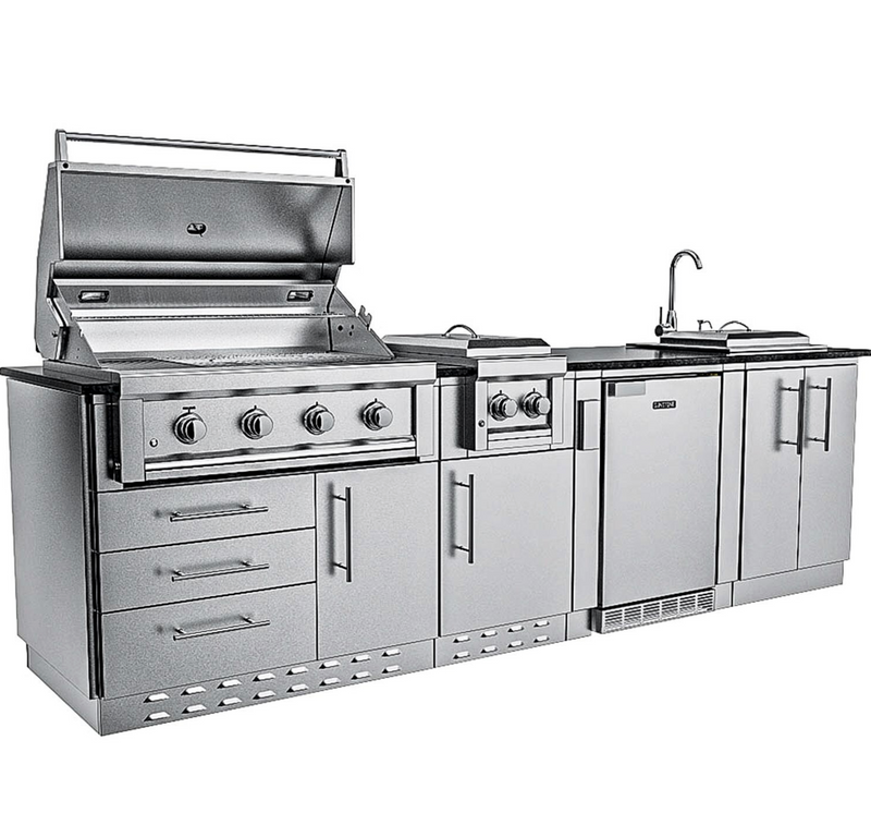 Sunstone Grills Houston 9 1/2 Ft Outdoor Kitchen Island w/ Natural Gas Grill & Side Burner, Sink, Refrigerator, Door & Drawer