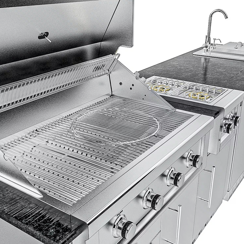 Sunstone Grills Houston 9 1/2 Ft Outdoor Kitchen Island w/ Natural Gas Grill & Side Burner, Sink, Refrigerator, Door & Drawer