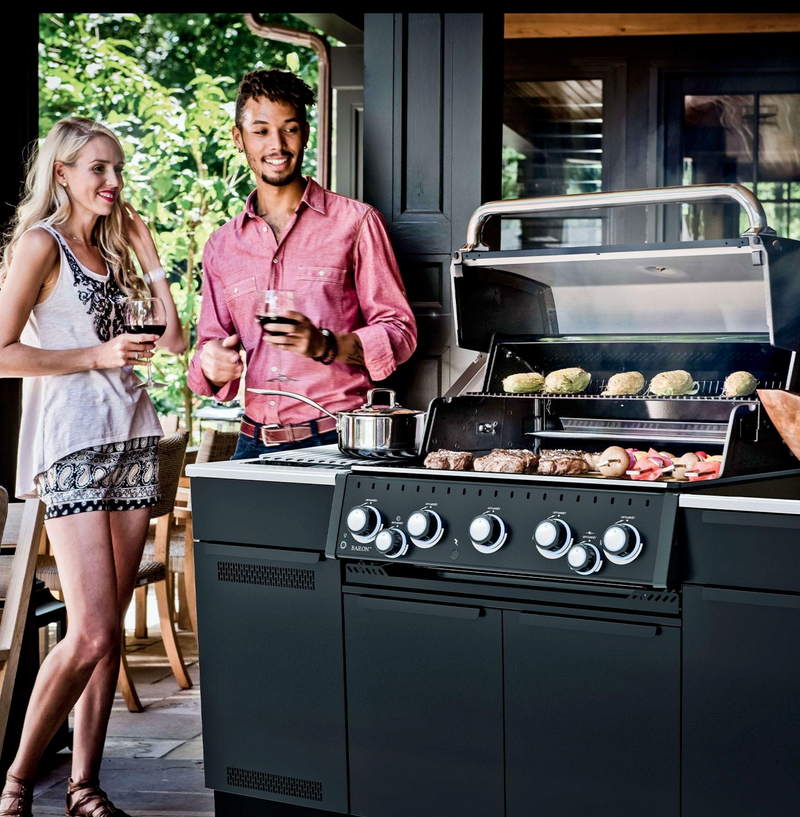 Broil King Baron 590i Shadow 5 Burner Natural Gas Grill Center w/ Rotisserie Kit & Side Burner - Black - 876847