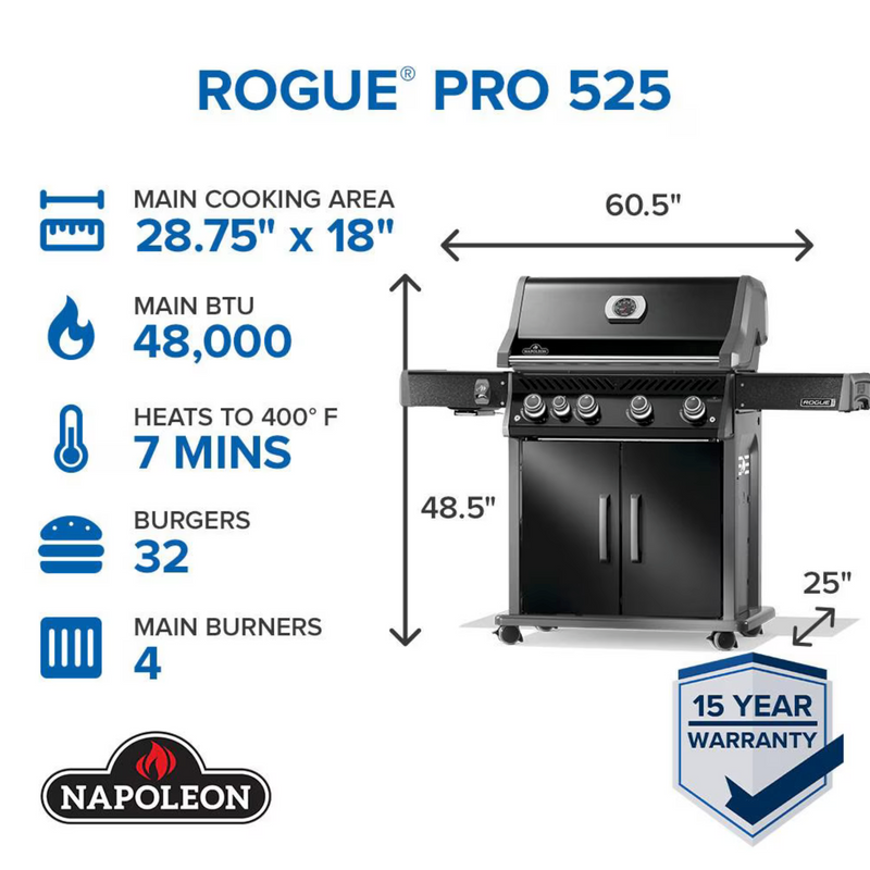 Napoleon RXT525SIBK Rogue XT 525 Black Gas Grill on Cart with Infrared Side Burner, 28.75-Inches