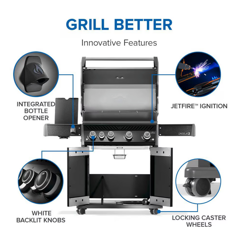 Napoleon RXT525SIBK Rogue XT 525 Black Gas Grill on Cart with Infrared Side Burner, 28.75-Inches