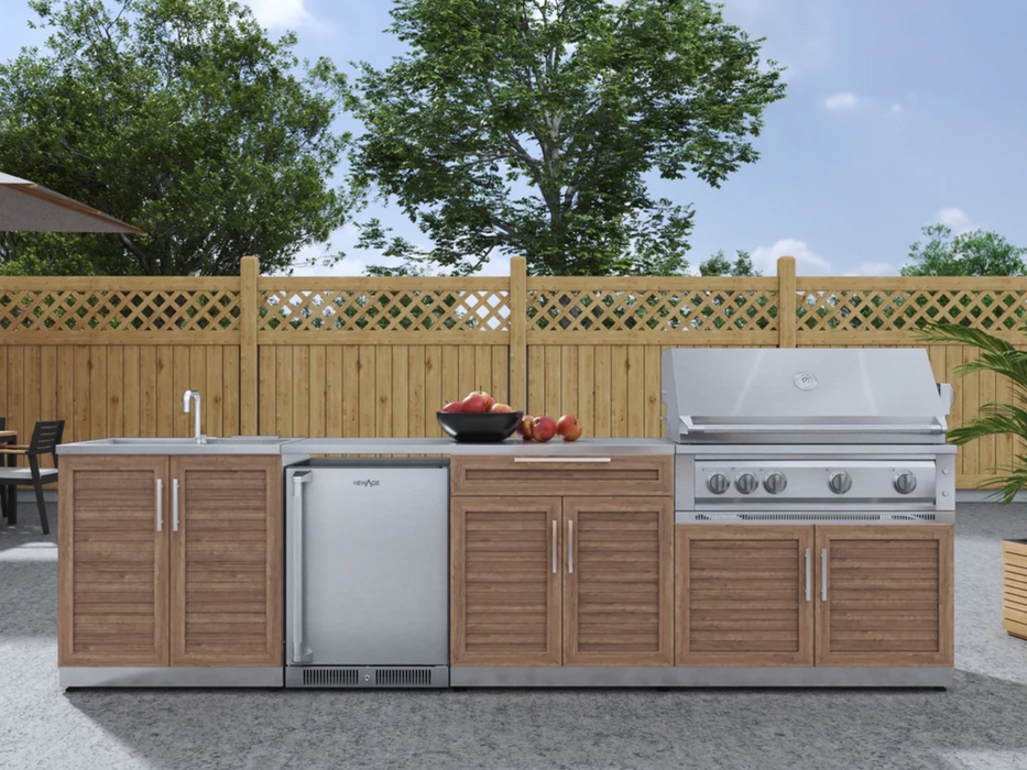 Outdoor Kitchen Stainless Steel 6 Piece Cabinet Set with Sink, Bar, Grill Cabinet, Platinum Grill, Countertop and Fridge