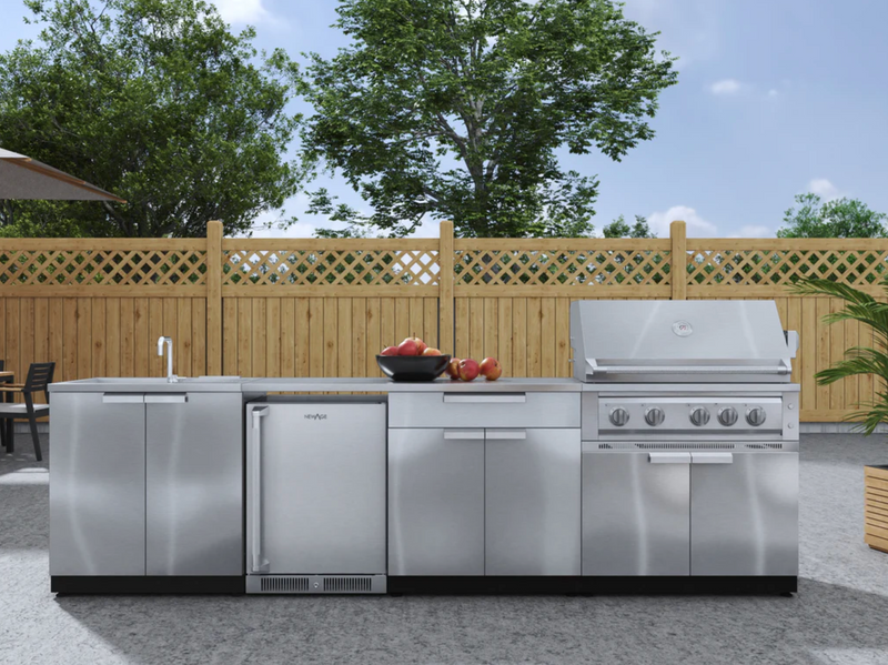 Outdoor Kitchen Stainless Steel 6 Piece Cabinet Set with Sink, Bar, Grill Cabinet, Platinum Grill, Countertop and Fridge