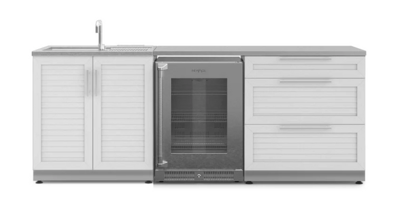 Outdoor Kitchen Stainless Steel Louvered Doors 5 Piece Cabinet Set with 3-Drawer, Sink Cabinet, Countertops and Fridge