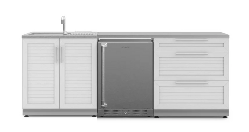 Outdoor Kitchen Stainless Steel Louvered Doors 5 Piece Cabinet Set with 3-Drawer, Sink Cabinet, Countertops and Fridge