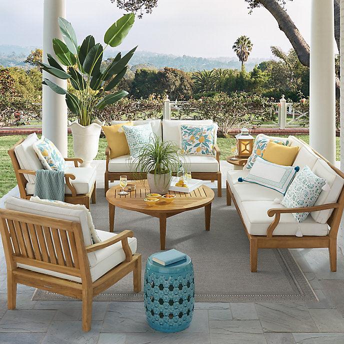 Outdoor Loveseat Set in Natural finish and Sunbrella Rain Cushions