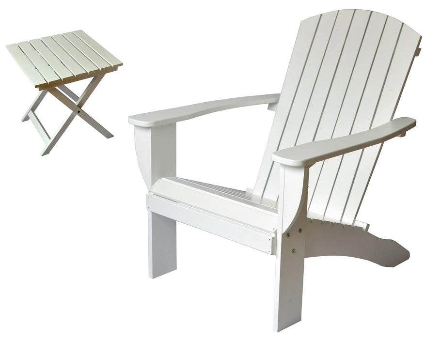 White Extra-Wide Solid Cedar Adirondack Chair with Built-In Bottle Opener and Matching Folding Table