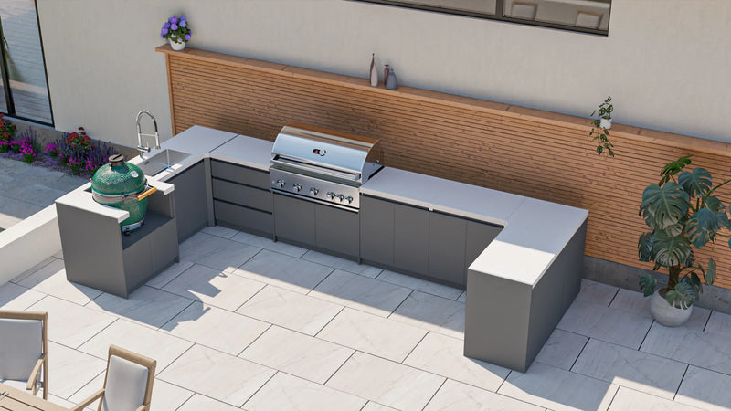 Whistler Fairford Grey U Shape Outdoor Kitchen Burford 5 Burner Barbecue and Green Egg