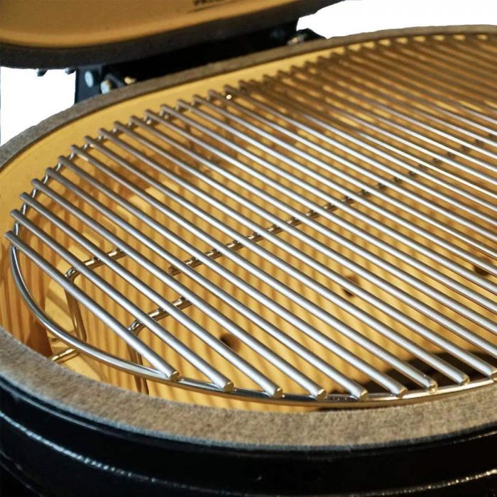 Primo Oval Large 400 Ceramic Kamado Grill On Steel Cart With 2-Piece Island Side Shelves And Stainless Steel Grates