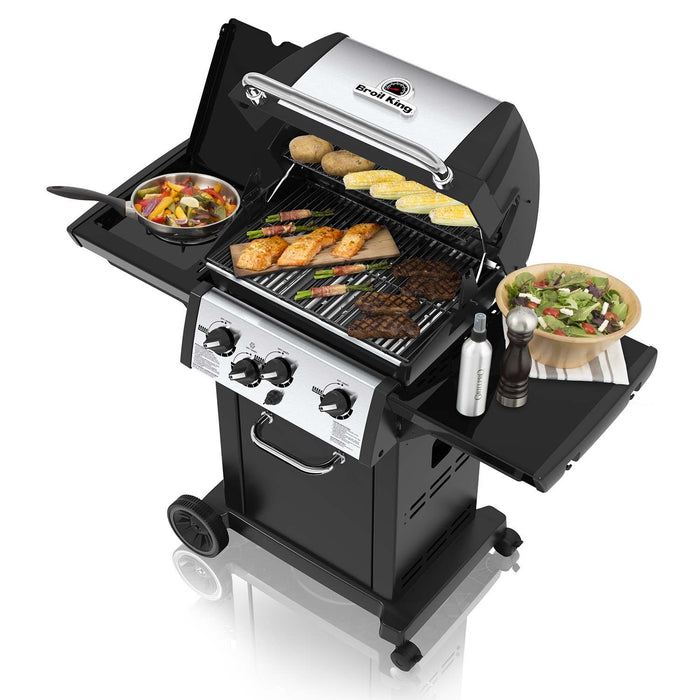 Broil King MON-340 Monarch 340 3-Burner Grill on 2-Wheel Cart with Side Burner, 22-Inches