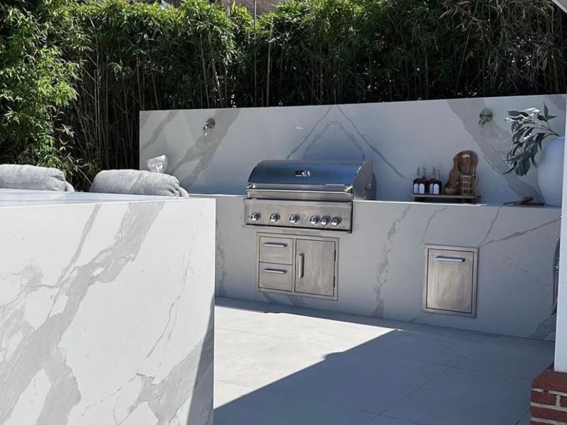 Whistler 4-Burner 133 x 28-Inch Gas Grill Island with Infrared Rear Burner, Refrigerator, Sink, and Rotisserie Kit - Black Stainless