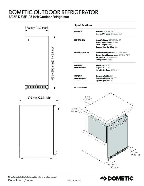 Dometic | EA15F 15-inch outdoor refrigerator, 3.2 cubic feet cold storage