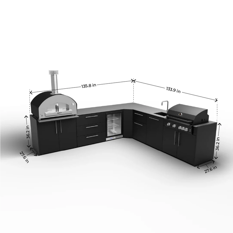Outdoor Kitchen Elysia L Shape with Gas Barbecue, Pizza Oven, Fridge and Sink