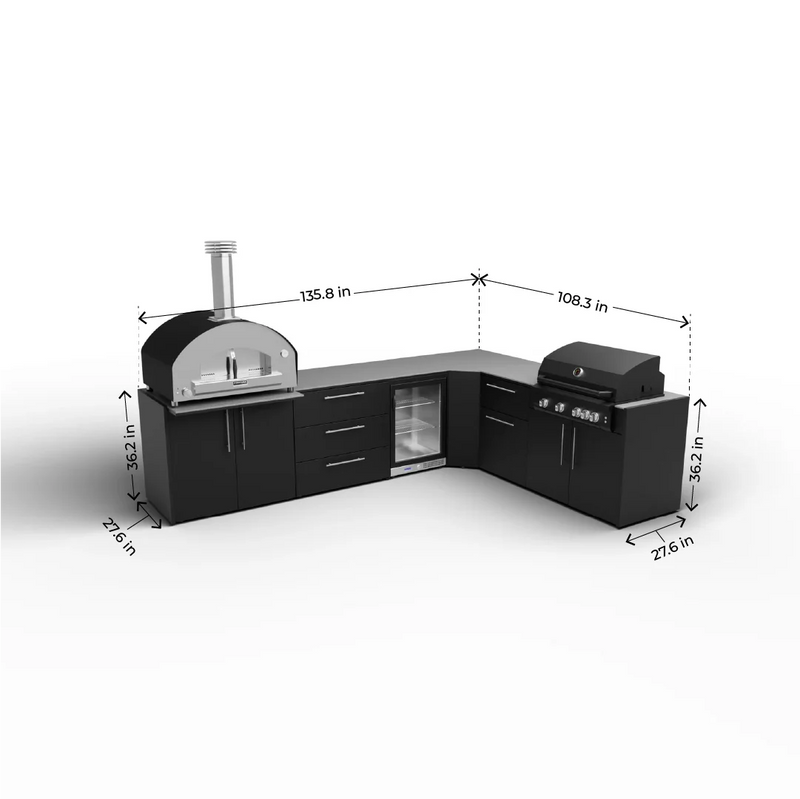 Outdoor Kitchen Elysia L Shape with Gas Barbecue, Pizza Oven, Fridge