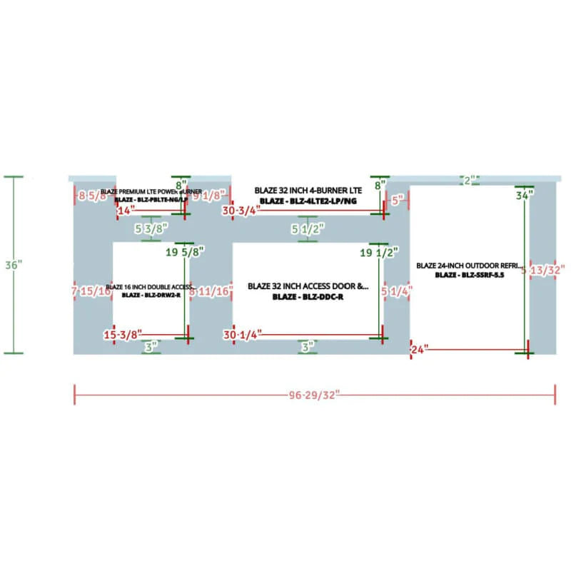 EZ Finish Systems 8 Ft Ready-To-Finish Grill Island with Blaze Premium LTE 32-Inch Grill, Power Burner, Combo, Double Drawer, and Refrigerator