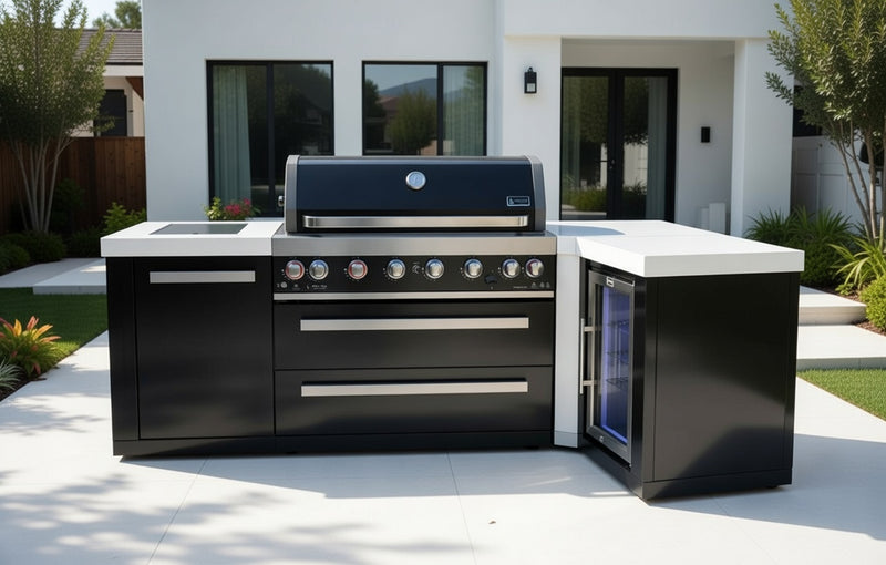 Mont Alpi 805 Black Stainless Steel Island with 90 Degree Corner and Fridge Cabinet - MAi805-BSS90FC - 94"