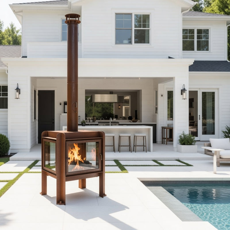 Fennek 80 4-Sided Glass CorTen Steel Wood-Burning Outdoor Fireplace | RB73