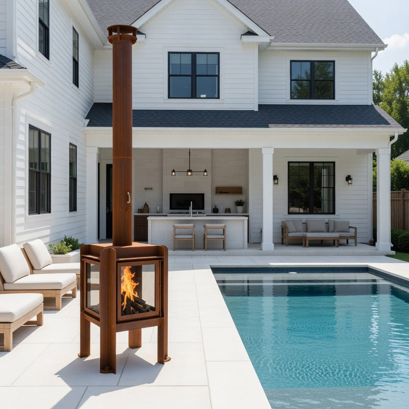 Fennek 50 4-Sided Glass CorTen Steel Wood-Burning Outdoor Fireplace | RB73