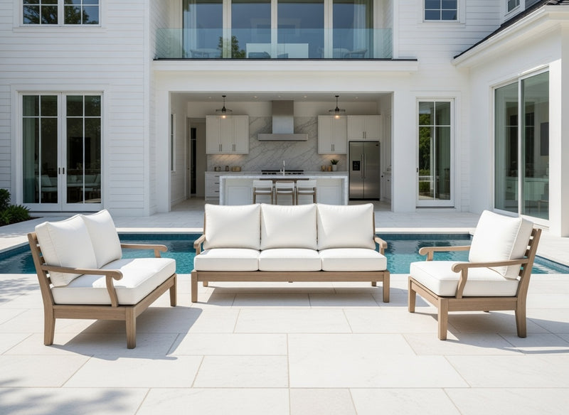 Outdoor Sofa Set in Weathered Finish and Sunbrella Rain Cushions
