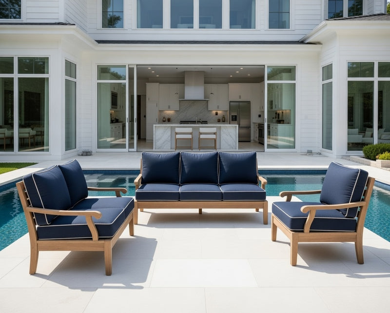 Outdoor Sofa Set in Weathered Finish and Sunbrella Rain Cushions