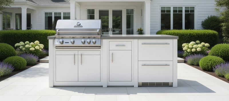 Stoll Aluminum Outdoor Kitchen White, Whistler 34-Inch 4-Burner Gas Grill, and Double Drawer Fridge | 8FT