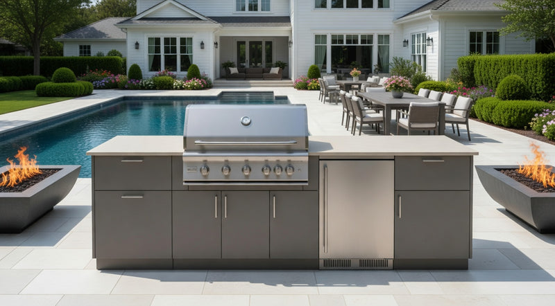 Blaze Morning Glow 10-Ft Outdoor Kitchen Island w/ 40-Inch Premium LTE+ Grill, Fridge in Gunmetal w/ Aeris Countertop