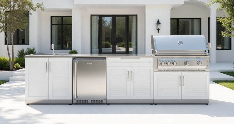 Outdoor Kitchen Stainless Steel 6 Piece Cabinet Set with Sink, Bar, Grill Cabinet, Countertop and Stainless Steel Door Fridge