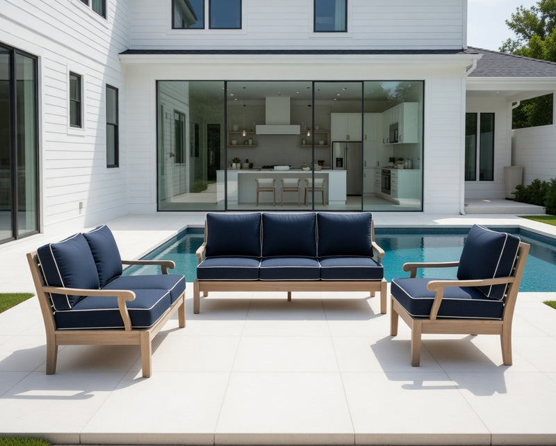 Outdoor Sofa Set in Weathered Finish and Sunbrella Rain Cushions