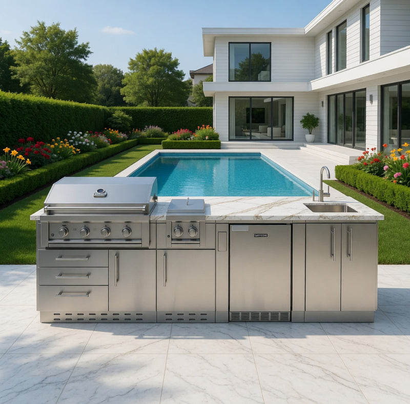 Sunstone Grills Houston 9 1/2 Ft Outdoor Kitchen Island w/ Natural Gas Grill & Side Burner, Sink, Refrigerator, Door & Drawer