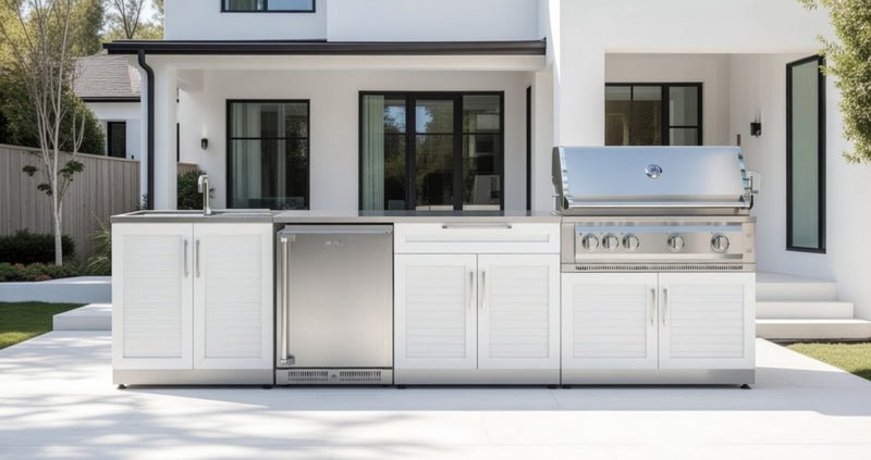 Outdoor Kitchen Stainless Steel 6 Piece Cabinet Set with Sink, Bar, Grill Cabinet, Countertop and Stainless Steel Door Fridge