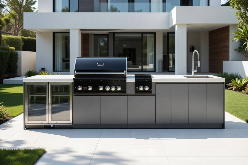 Whistler 5-Burner 172 x 28-Inch Gas Grill Island with Infrared Rear Burner, Refrigerator, Sink, Double Side Burner, and Rotisserie Kit - Black Stainless