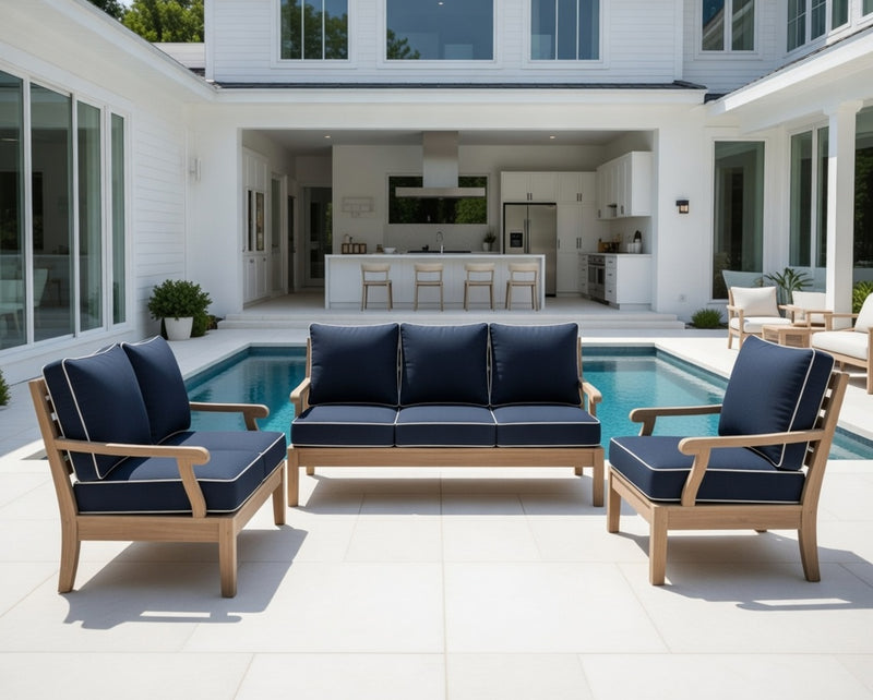 Outdoor Sofa Set in Weathered Finish and Sunbrella Rain Cushions