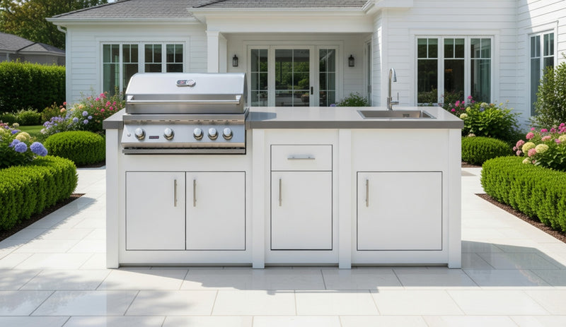 Stoll Aluminum Outdoor Kitchen White, Whistler 34-Inch 4-Burner Gas Grill, and Sink | 8FT
