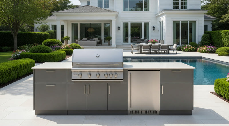 Blaze Morning Glow 10-Ft Outdoor Kitchen Island w/ 40-Inch Premium LTE+ Grill, Fridge in Gunmetal w/ Aeris Countertop