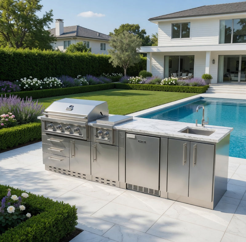 Sunstone Grills Houston 9 1/2 Ft Outdoor Kitchen Island w/ Natural Gas Grill & Side Burner, Sink, Refrigerator, Door & Drawer