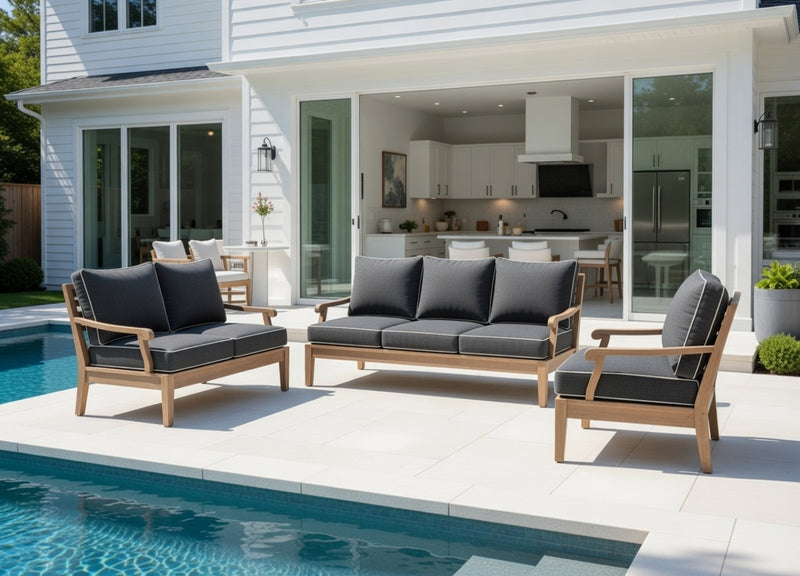 Outdoor Sofa Set in Weathered Finish and Sunbrella Rain Cushions