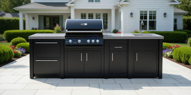 Stoll Aluminum Outdoor Kitchen Black, Whistler 34-Inch 4-Burner Gas Grill Sink, and Double Drawer Fridge | 10FT