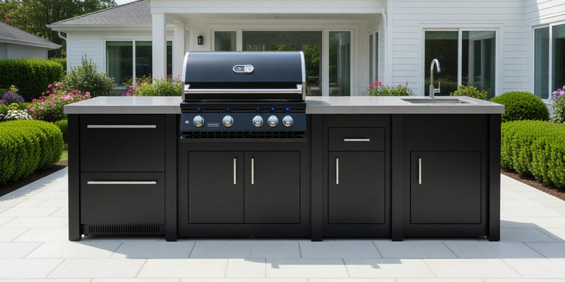 Stoll Aluminum Outdoor Kitchen Black, Whistler 34-Inch 4-Burner Gas Grill Sink, and Double Drawer Fridge | 10FT