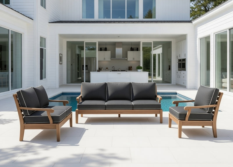 Outdoor Sofa Set in Weathered Finish and Sunbrella Rain Cushions