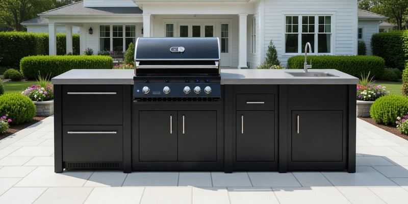 Stoll Aluminum Outdoor Kitchen Black, Whistler 34-Inch 4-Burner Gas Grill Sink, and Double Drawer Fridge | 10FT