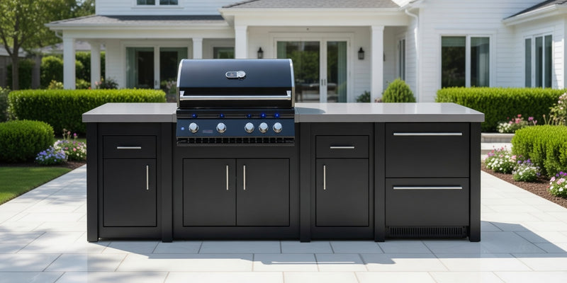 Stoll Aluminum Outdoor Kitchen Black, Whistler 34-Inch 4-Burner Gas Grill, and Double Drawer Fridge | 10FT