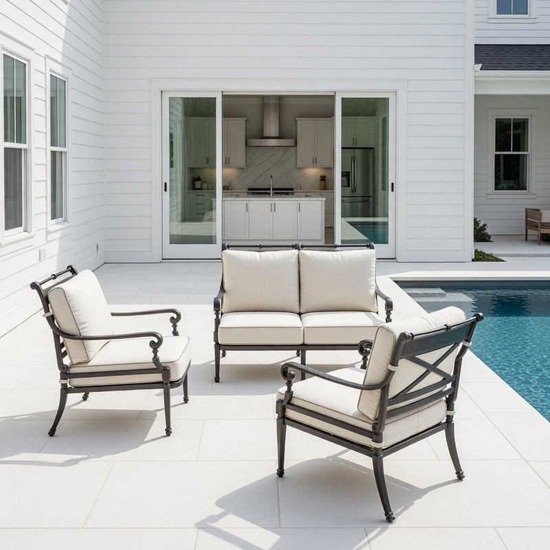 Outdoor Loveseat Set in Slate Finish and Sunbrella Rain Cushions