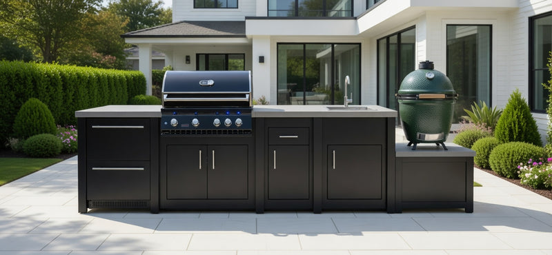 Stoll Aluminum Outdoor Kitchen Black Whistler 34-Inch 4-Burner Gas Grill Sink, and Double Drawer Fridge and Green Egg | 13FT