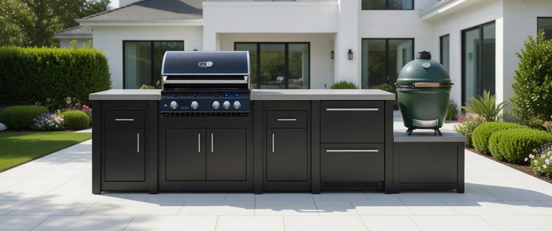 Stoll Aluminum Outdoor Kitchen Black, Whistler 34-Inch 4-Burner Gas Grill, and Double Drawer Fridge and Green Egg | 13FT